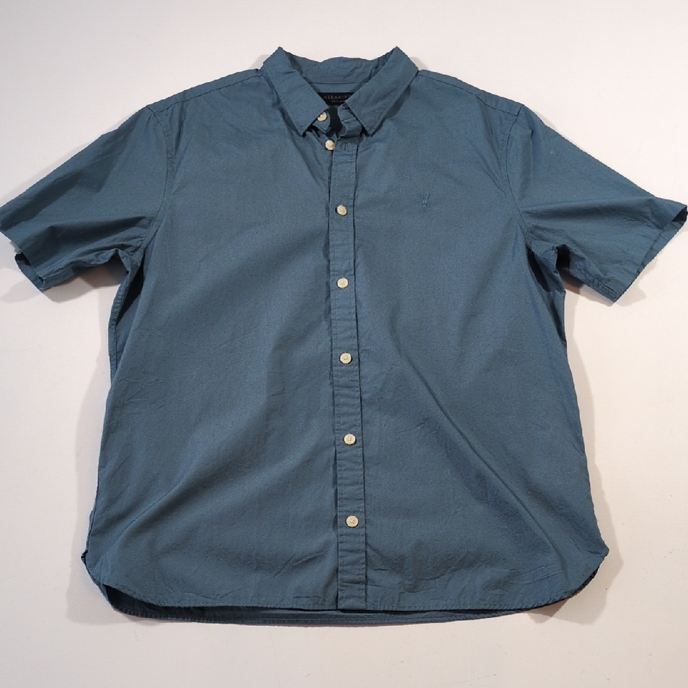 All Saints Cotton Short-Sleeve Button-Down Shirt Slate Blue Size XXL
